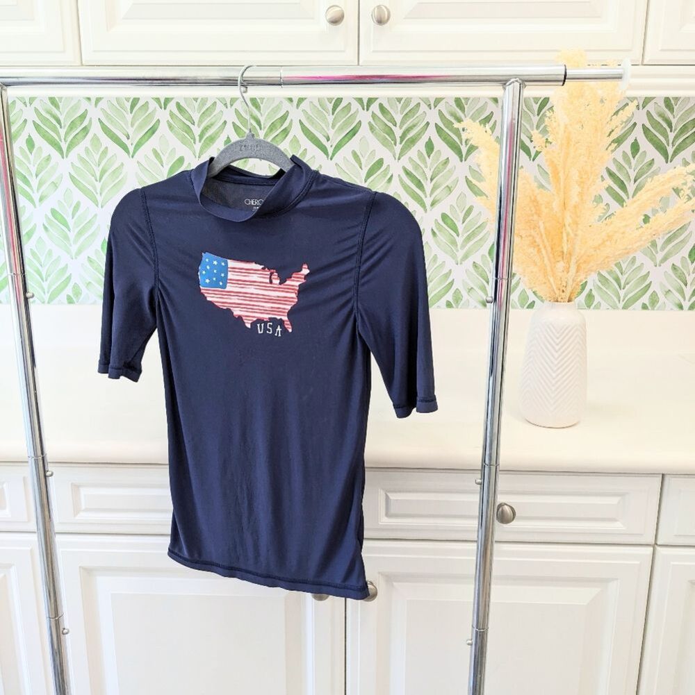 Boys Navy Blue USA Cherokee Rashguard Swim Shirt Short Sleeve m 8-10